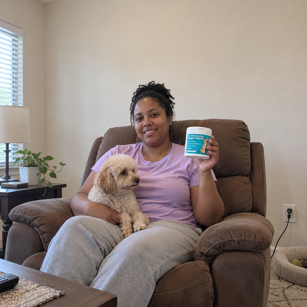 MiluPets dental finger wipes with a pet and their owner