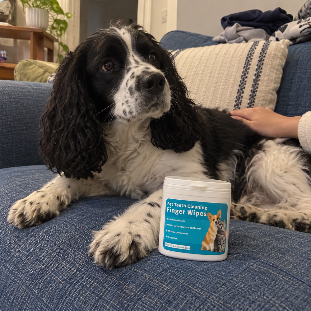 MiluPets dental finger wipes with a pet and their owner