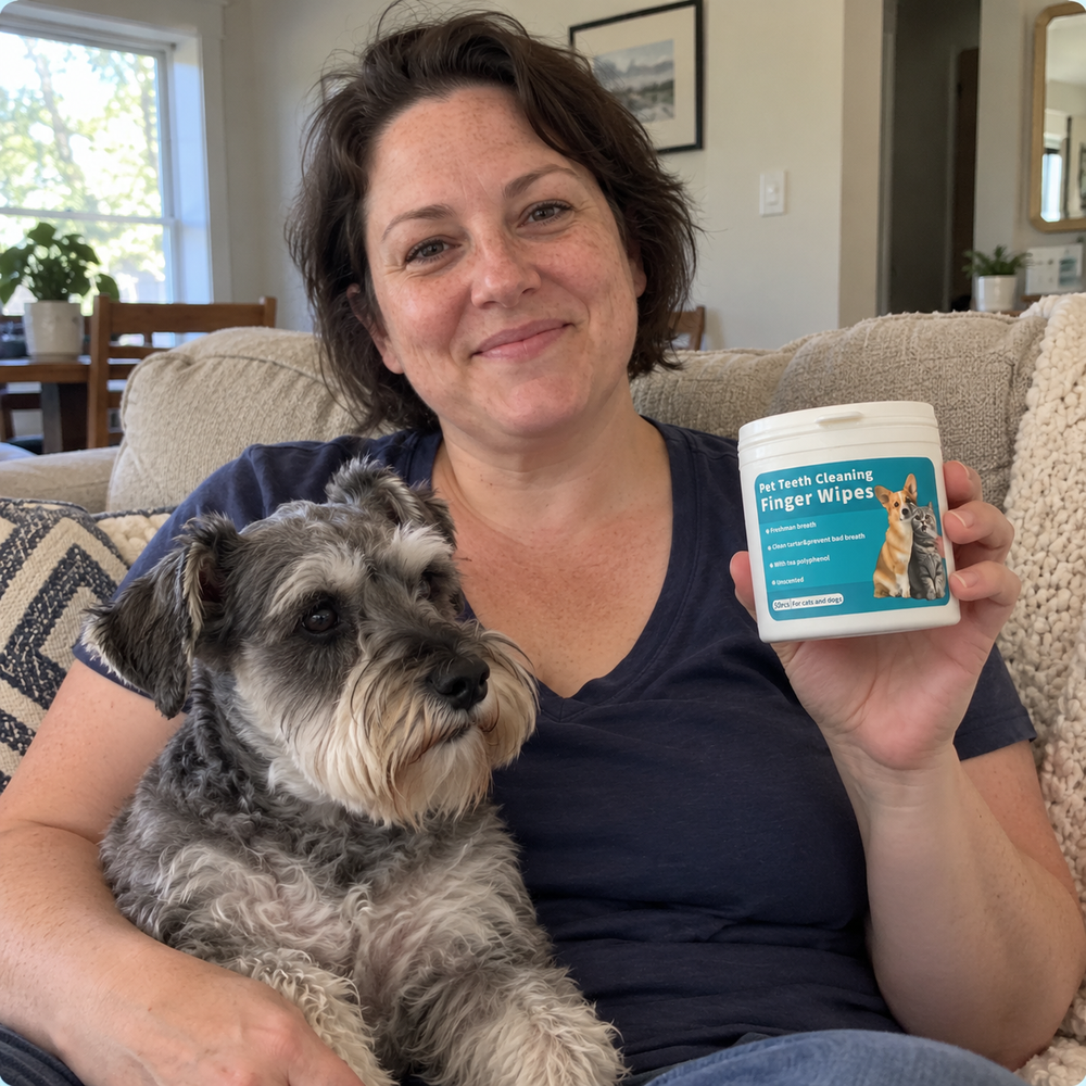 MiluPets dental finger wipes with a pet and their owner