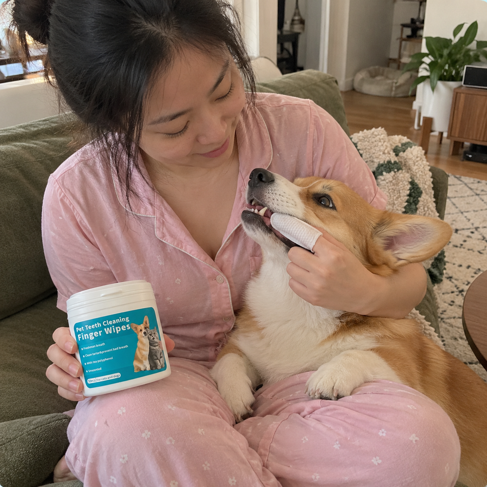 MiluPets dental finger wipes with a pet and their owner