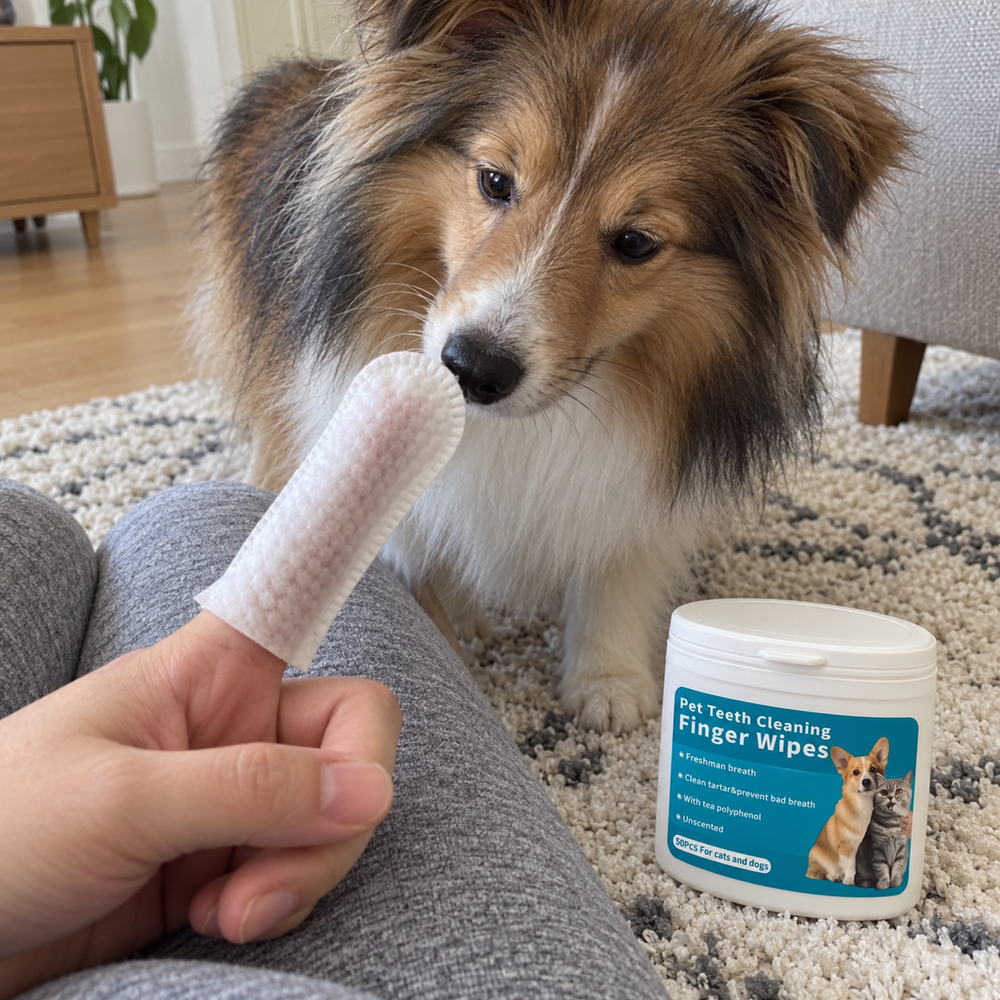 MiluPets dental finger wipes with a pet and their owner