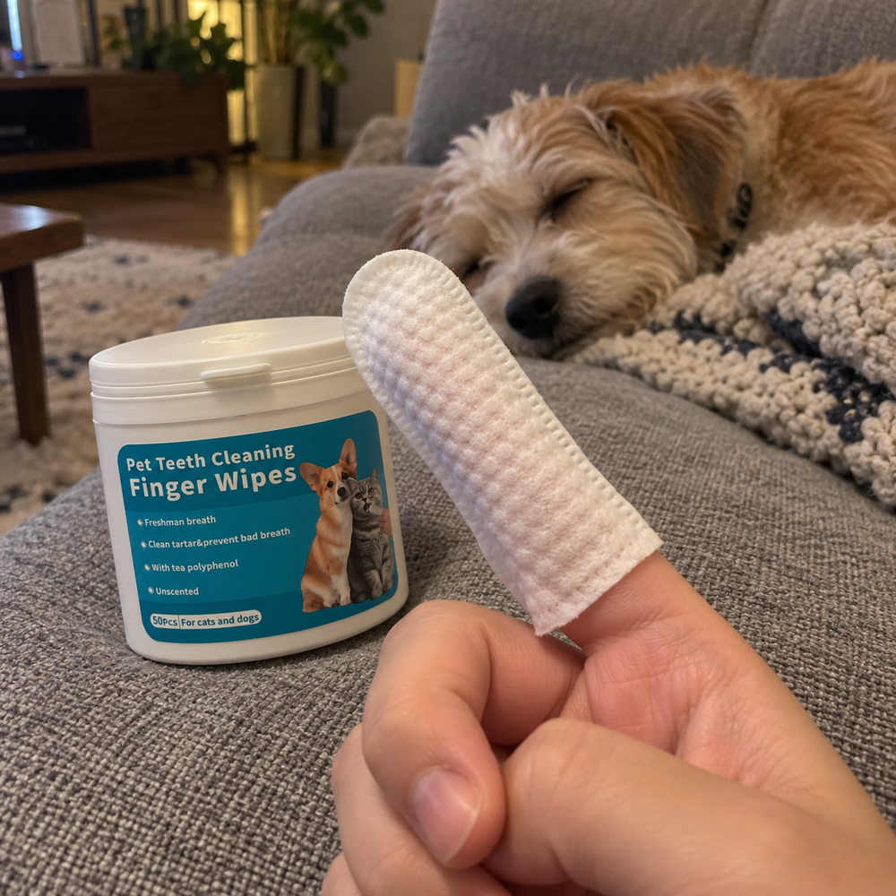 MiluPets dental finger wipes with a pet and their owner