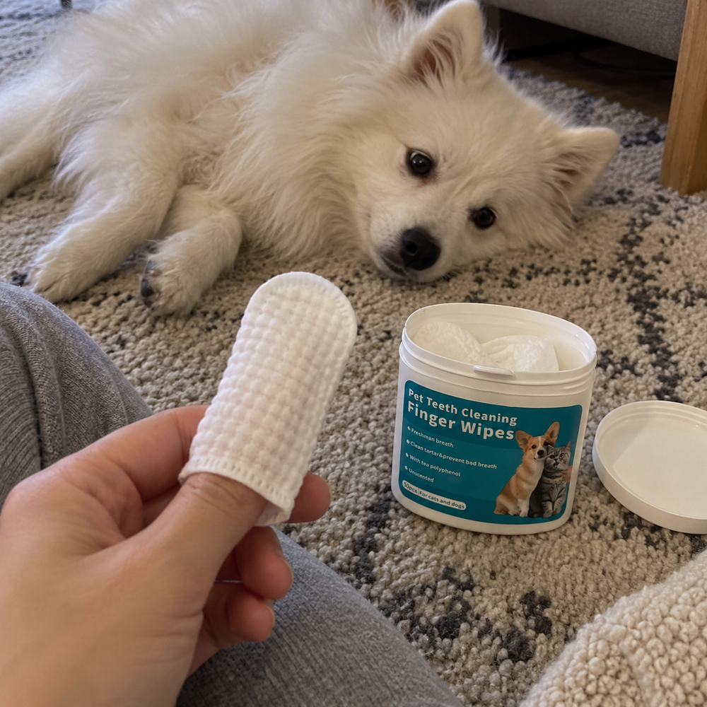 MiluPets dental finger wipes with a pet and their owner