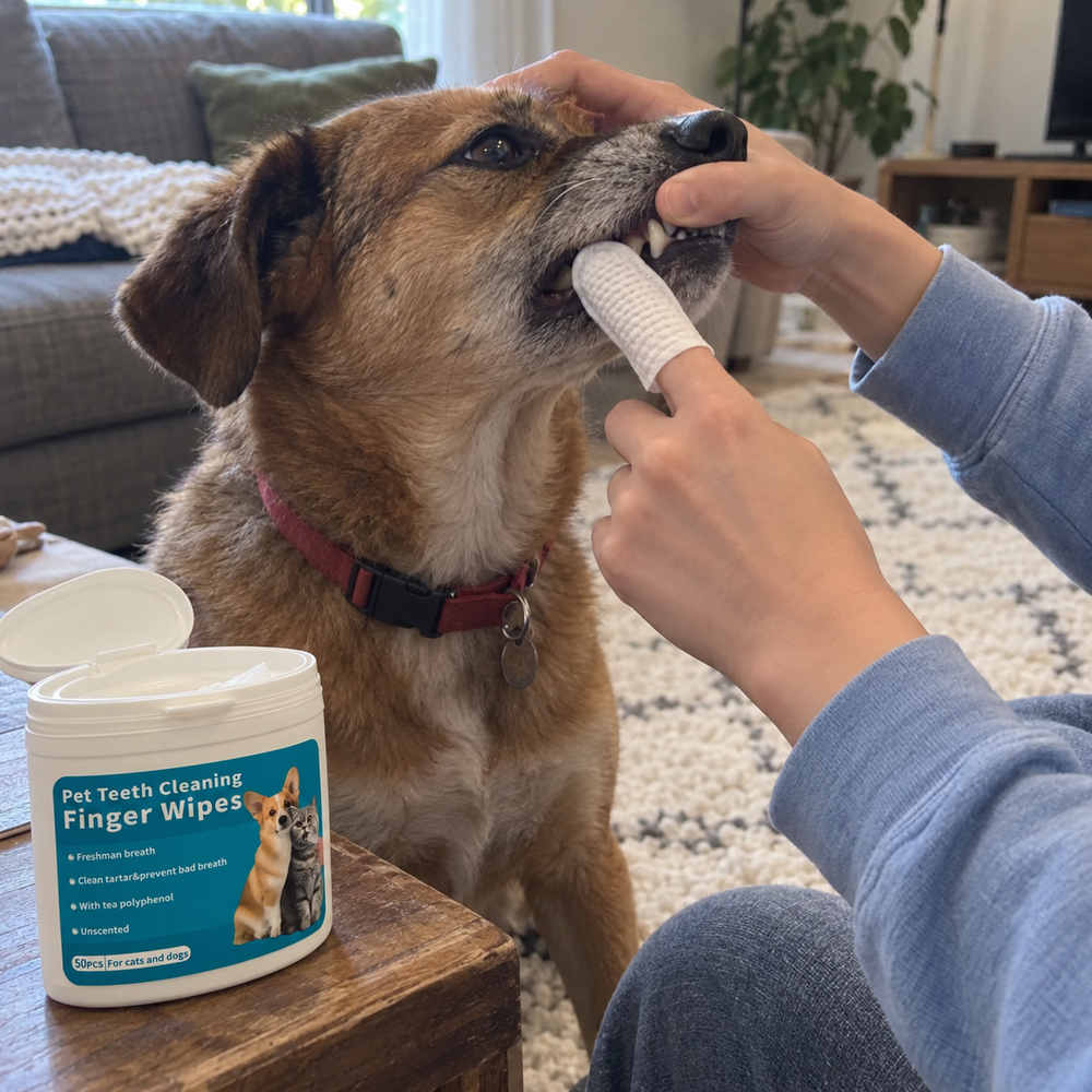 MiluPets dental finger wipes with a pet and their owner