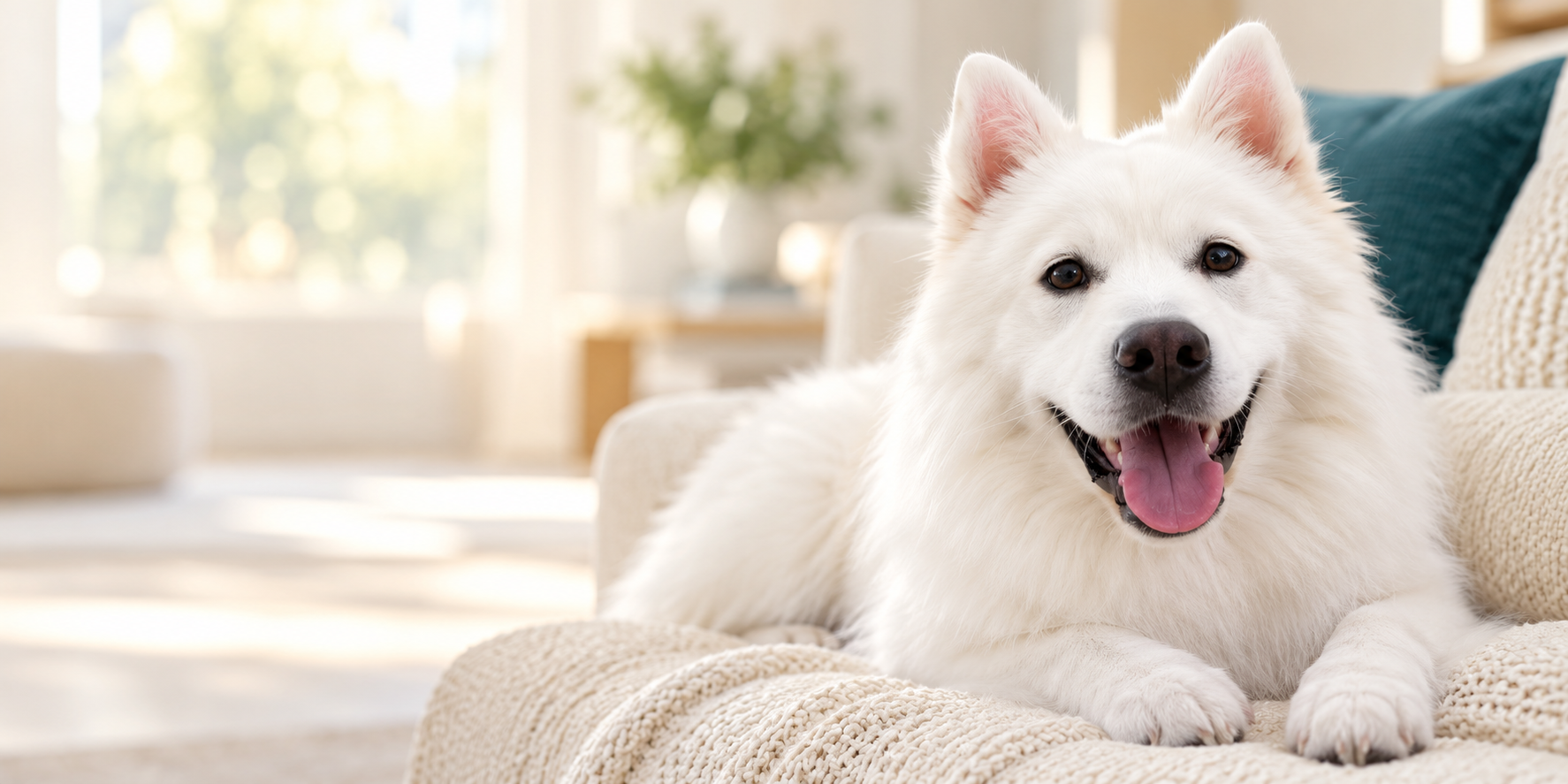 A white dog relaxing on a sofa at home