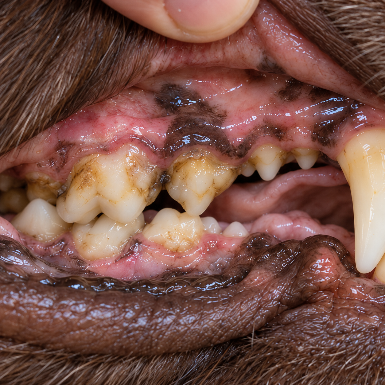 A close view of a dog’s tooth surfaces